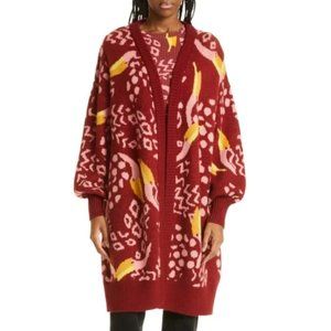 Farm Rio Burgundy Printed Toucan Oversized Belted Cardigan Sweater